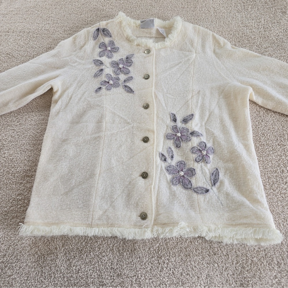 Alfred Dunner Women's Cardigan Cream Floral Pearls Fringe 100% Wool Boho-chic L - Picture 8 of 13